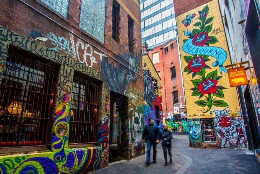 Two people walking down a laneway surrounded by street art.